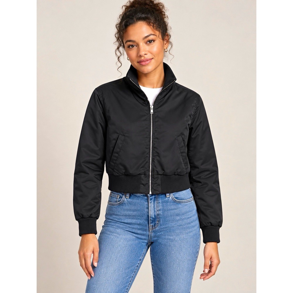 Wild Fable Women's Black Cropped Bomber Jacket Full Zip Ribbed Collar- size S